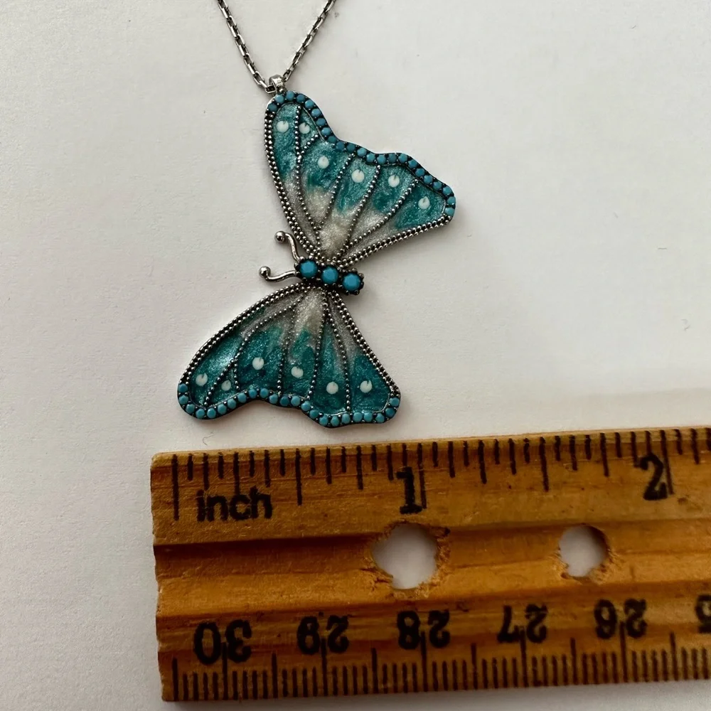 🦋925 Silver butterfly turquoise stones and enamel necklace